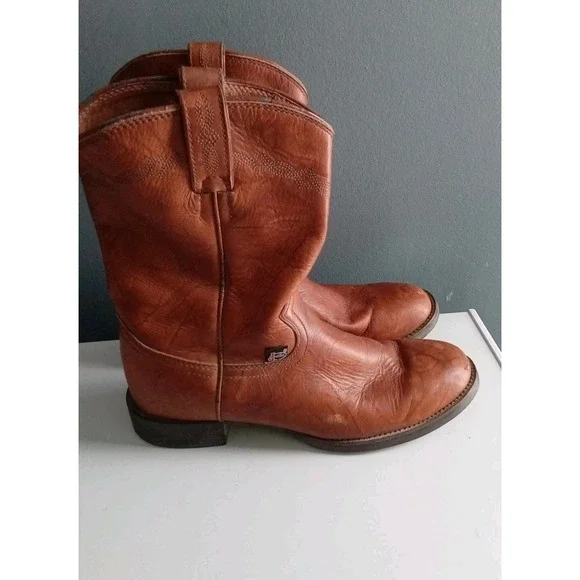 Justin Roper Boots Brown Leather Western Cowboy Pull On Boots Size?